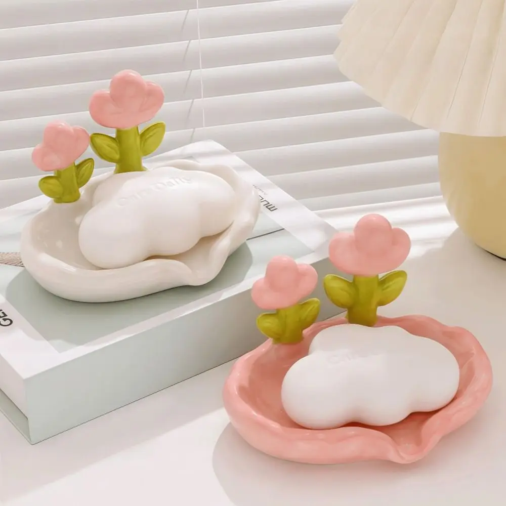 

Tulip Design Drain Soap Dish Anti-slip No Drilling Required Soap Tray Solid Color with Drainage Trough Soap Storage Rack