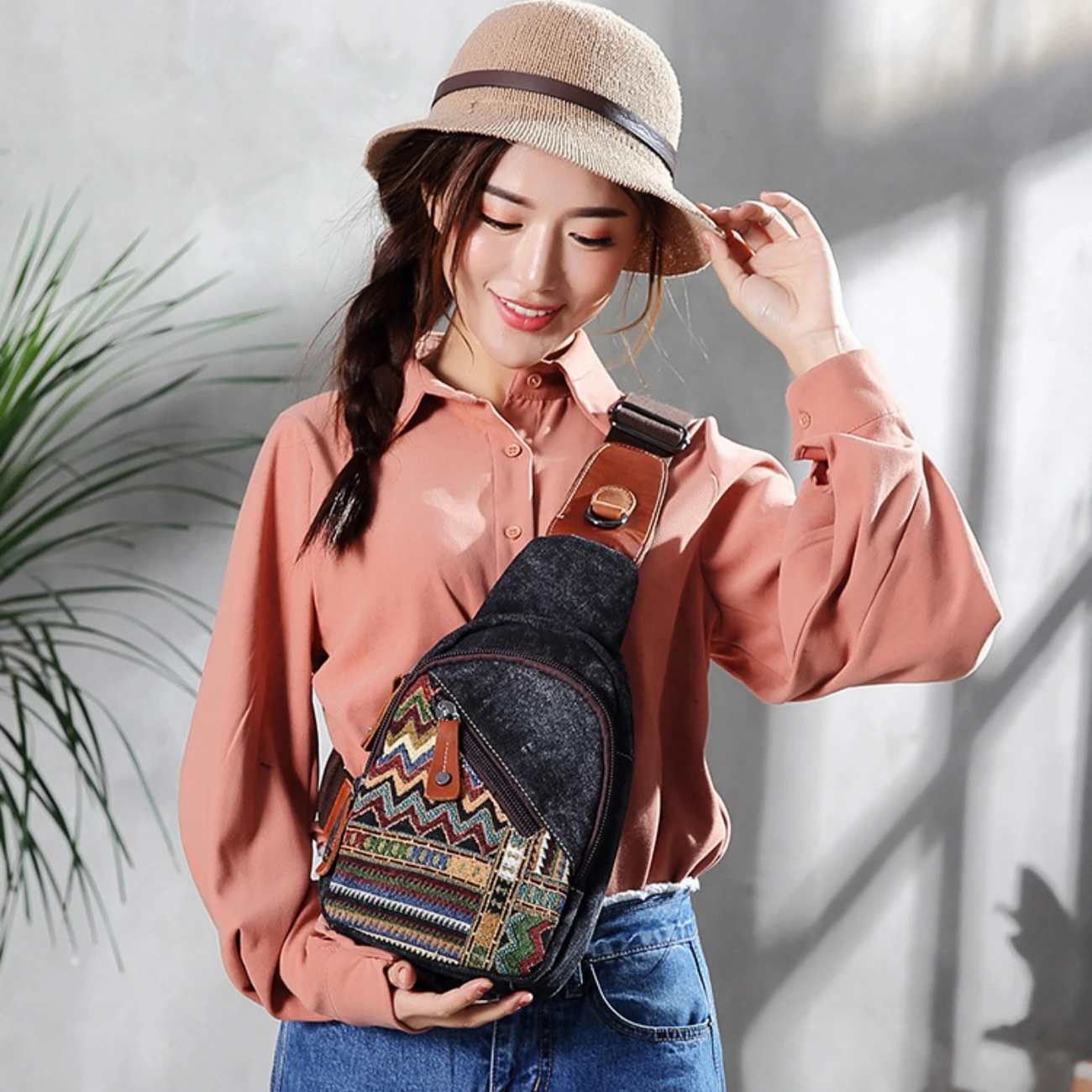 Vintage style embroidery, travel anti-theft canvas, denim chest bag, ethnic style