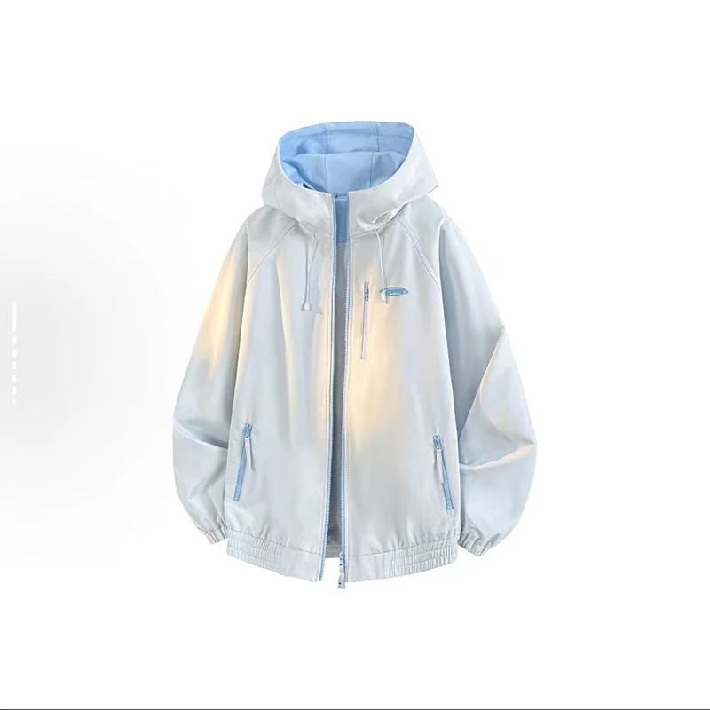 

American Retro Dopane Color Blo Casual Loose Hooded Jaet ex College Sle Polyester Fiber Long Sve Zipper Closure