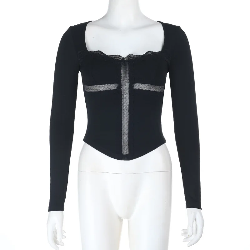 الظلام القوطي مثير شبكة المرقعة الصليب انظر من خلال تي شيرت النساء Alt Teachwear مول القوطية الجوف خارج القمم سليم شير Y2K تي شيرت