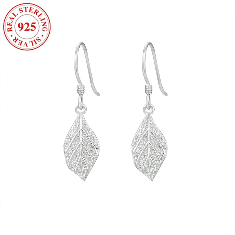 

925 Sterling Silver Full Diamond Leaf Women's Earrings Hypoallergenic Suitable for Gift Giving