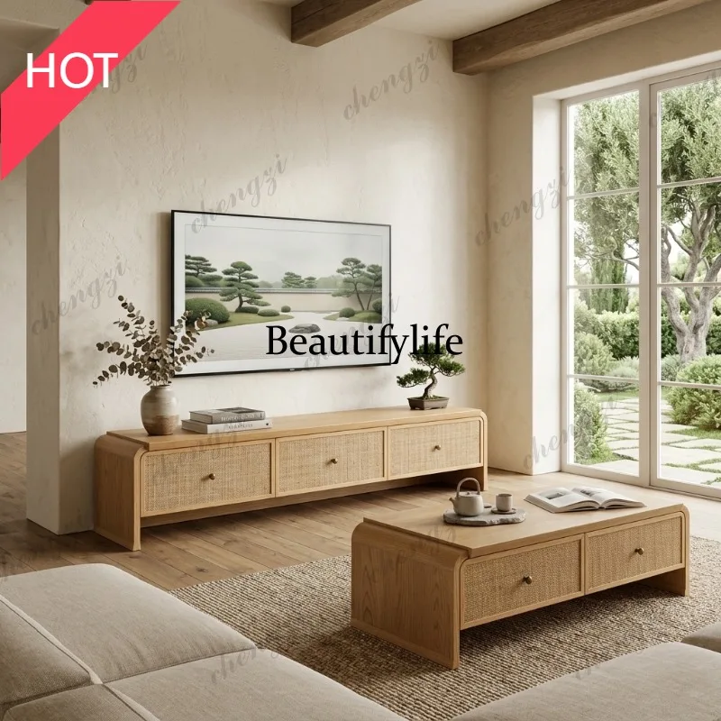 M45 South East Asia style log solid wood coffee table vacation storage tea table coffee table rattan