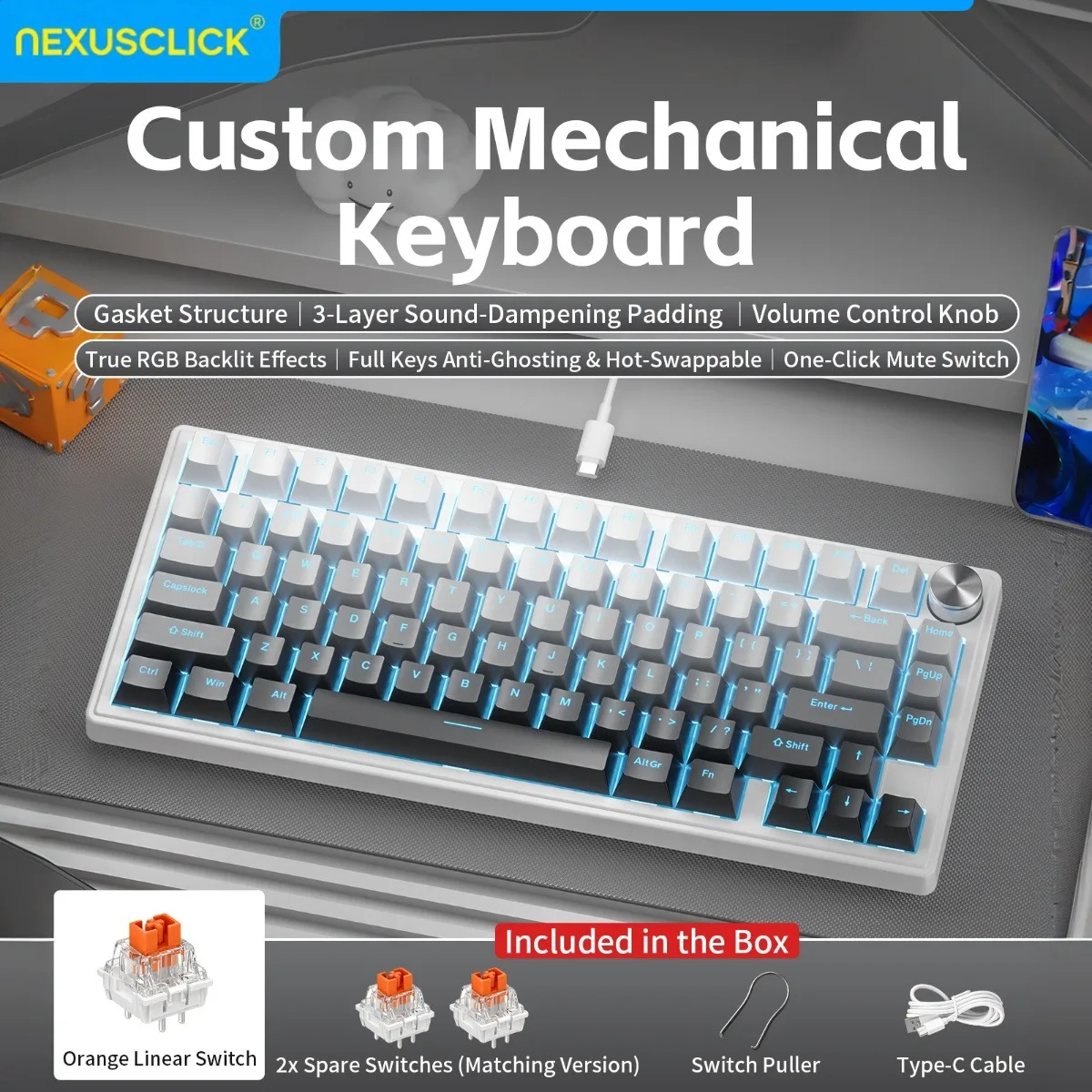 NEXUSCLICK K80 Wired Mechanical Keyboard,Hot Swappable RGB Backlit Volume Knob 80% Layout Gaming Keyboard for Laptop Office Work