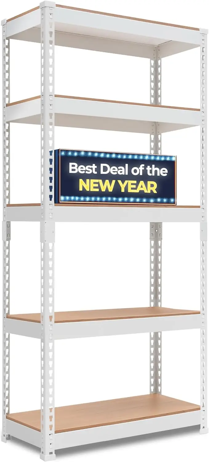 5 Katmanlı Lamine Beyaz Cıvatasız Metal Raf Ünitesi Ayarlanabilir Garaj Depolama Yardımcı Raf Ağır Hizmet Rafları Organizasyonu