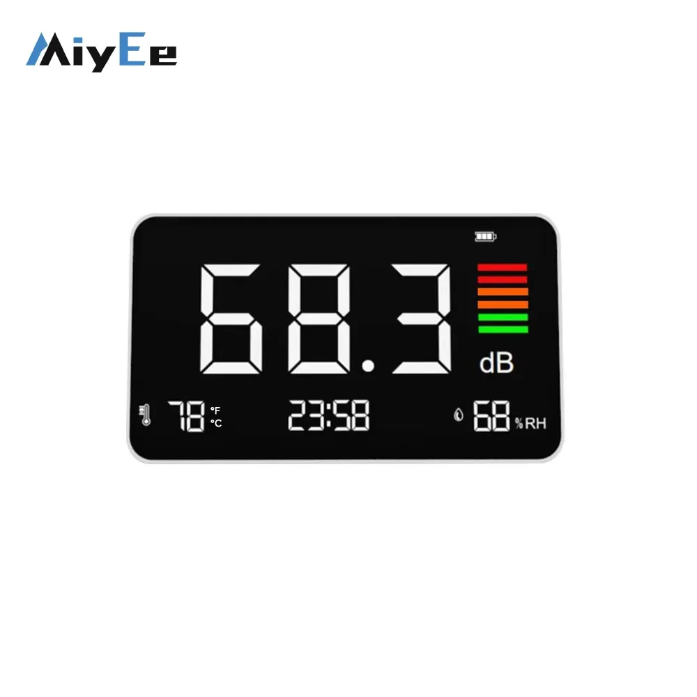 

DM219N Desktop Noise Meter 30-130dB Decibel Meter Displays Temperature (℉/℃) Humidity Decibel and Time