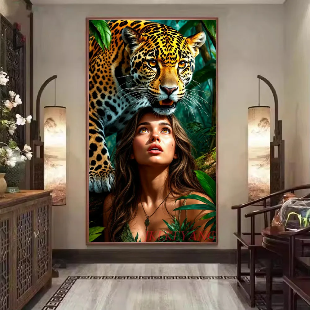 

Fantasy Leopard and Girl Picture DIY Diamond Painting Cross Stitch Full Drills Diamond Mosaic New Collection Home Decor