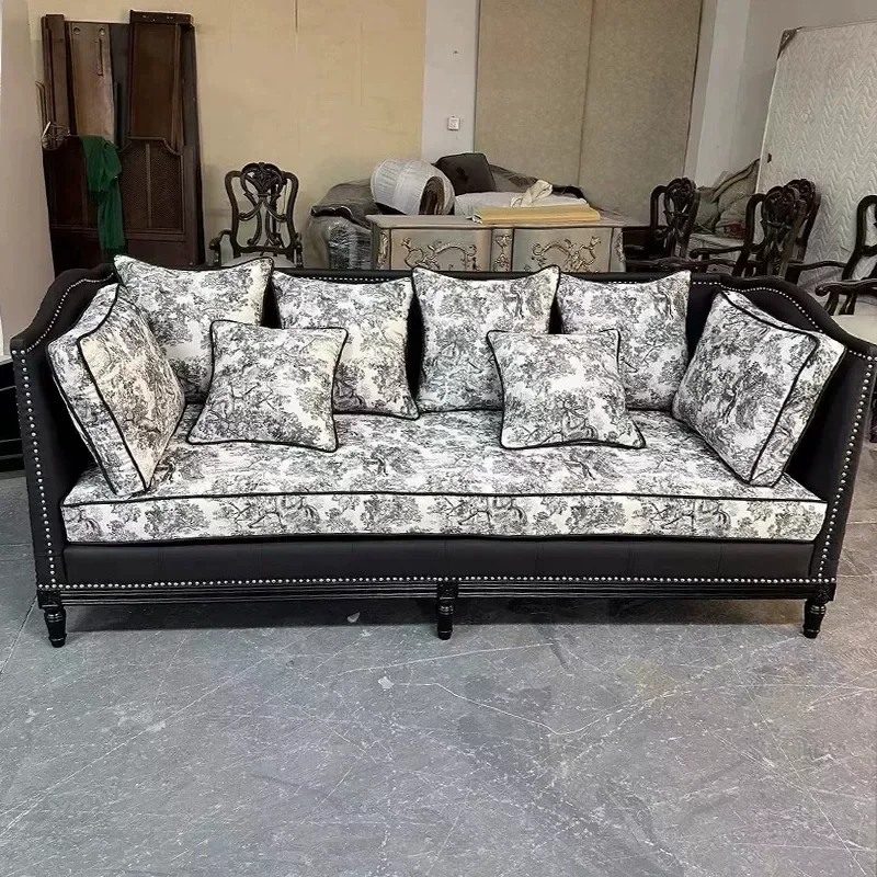 Retro Printed 3 Seater Straight Sofa Leather Couch for Living Room Villa Simple Design Small Apartment Furniture