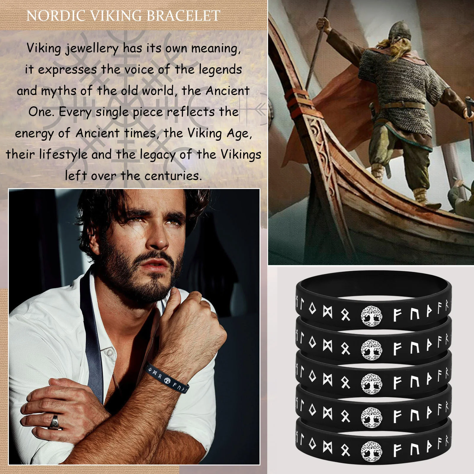 Mprainbow Mens Tree of Life Bracelets, 1/2/3/4 Pcs Norse Viking Soft Runes Silicone Rubber Band Wristband Bangle,Comfort Fit