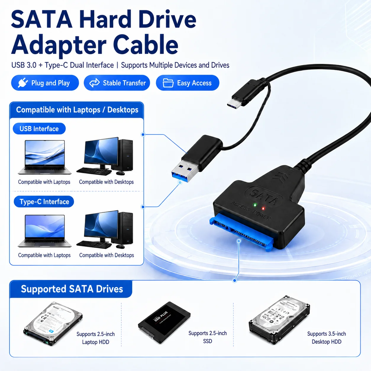 SATA to USB 3.0 / 2.0 Cable Up to 6 Gbps for 2.5/3.5 Inch External HDD SSD Hard Drive SATA 3 22 Pin Adapter USB 3.0 to Sata III