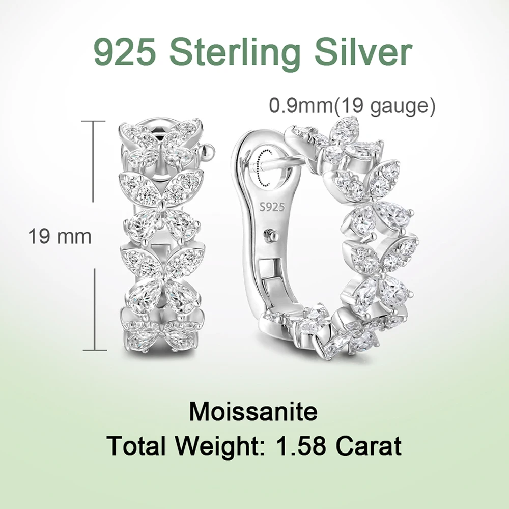 XCY Moissanite Butterfly Hoop Earrings 925 Silver Sparkling Marquise Cut Huggie Earrings for Women Wedding Party Fine Jewelry