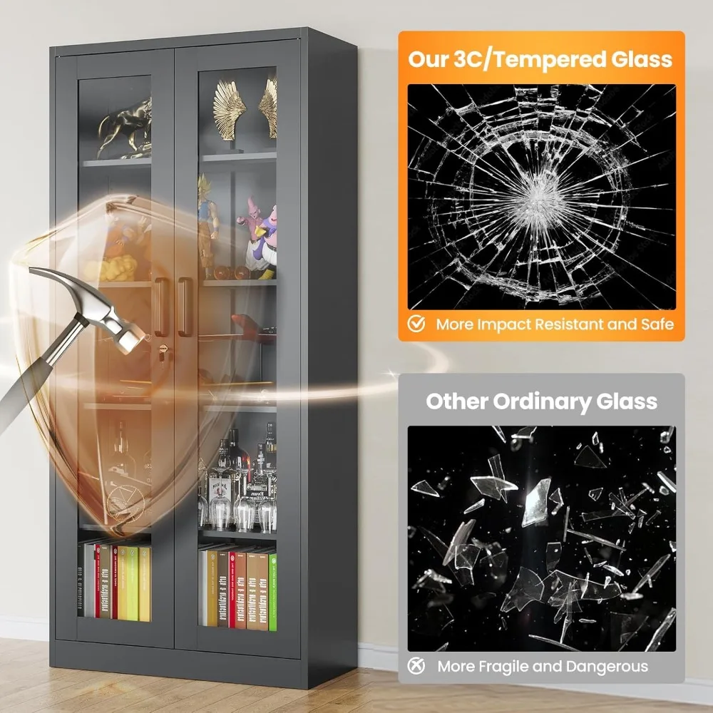 Tall Glass Door Metal Curio Cabinet with Adjustable Shelves, 71-Inch High Black Display Case for Liquor Cans