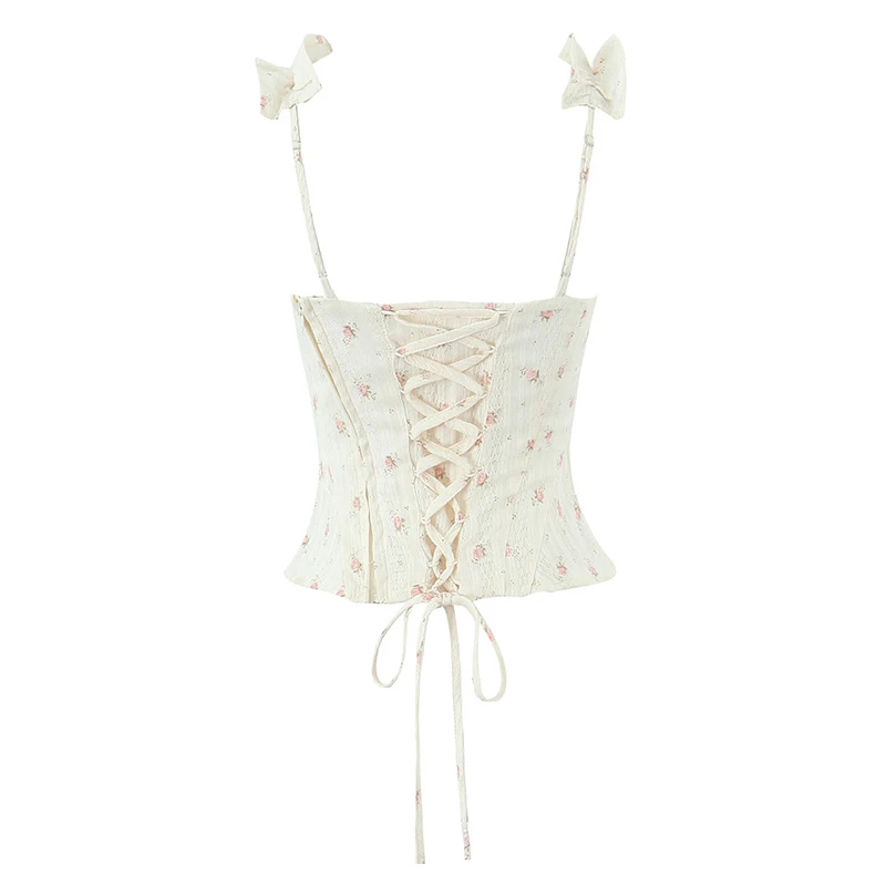 YENKYE Sweet Girl Floral Print Ruffle Camis Women Lace Up Bandage Back Slim Summer Tank Top Holiday Sexy Tops Y2K