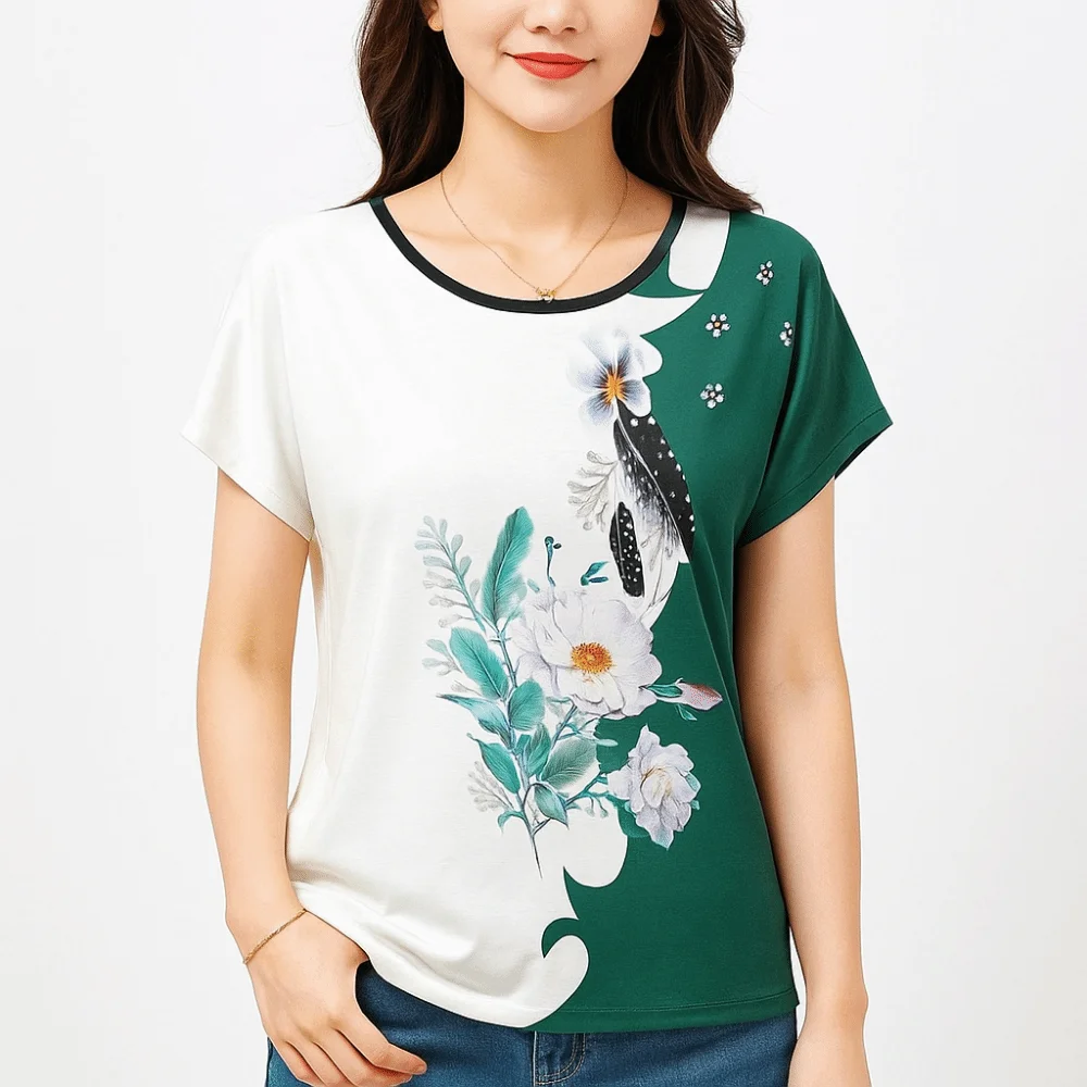 

Fashion Vintage Floral Print Blouse Comfortable Loose Plus Size Tops 3 Size Lightweight Short Sleeve T-Shirt Office