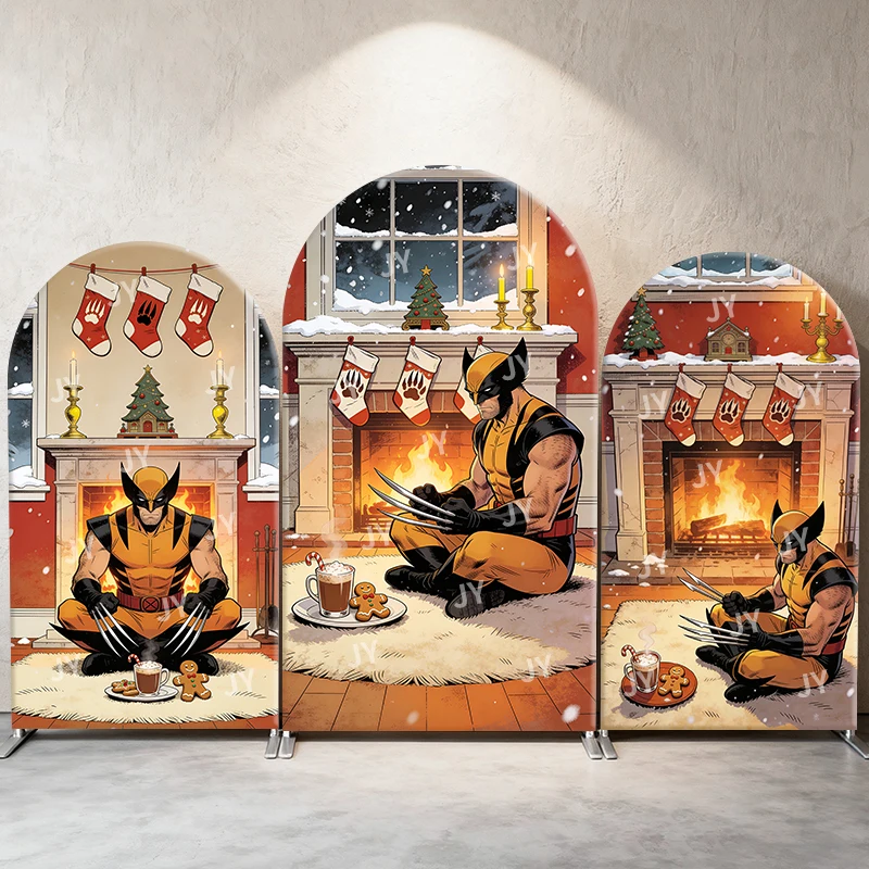 Wolverine Navidad chimenea arco telón de fondo cubierta acogedora escena festiva con golosinas para niños cumpleaños Baby Shower foto fotomatón Decoración