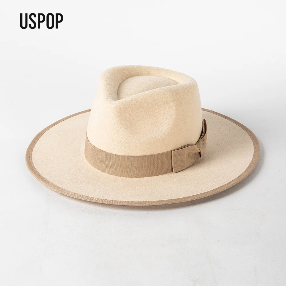 

USPOP Fall Winter Women’s Wool Fedora Hat with Bow Wide Brim Edging Felt Jazz Hat Fashion Warm Dress Cap M L Size