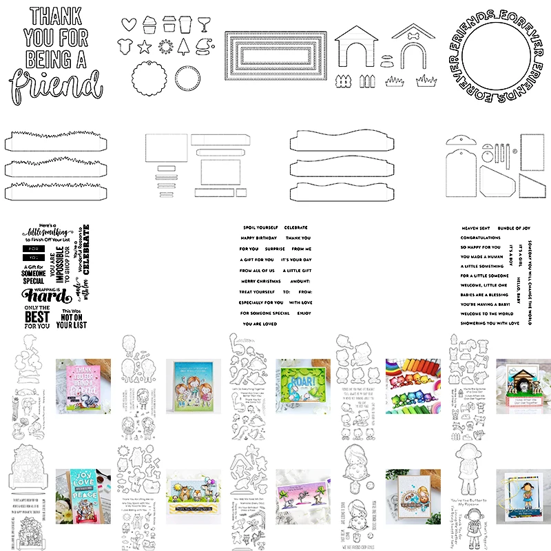 Dies match Stamps Slimline Box Based Frame Words Circle Die Cut Bear Dog Koala Girl Friends Stamps DIY Crafting Making Cards 07