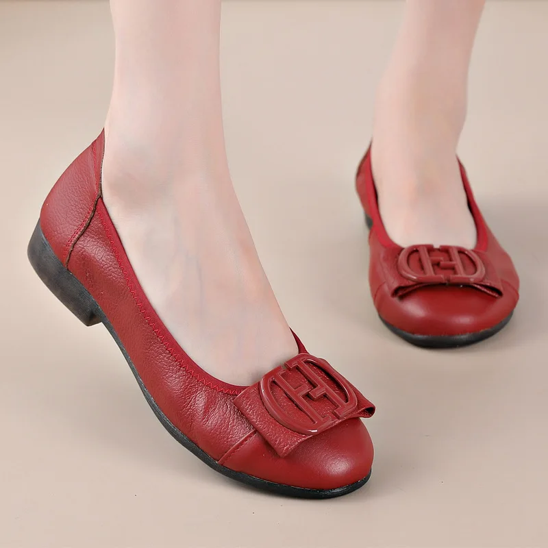 Women Ballet Flats Shoes Women Genuine Leather Rhinestone Buckle Fashion Round Toe Shoes Woman Soft Comfortable Elegant Loafers