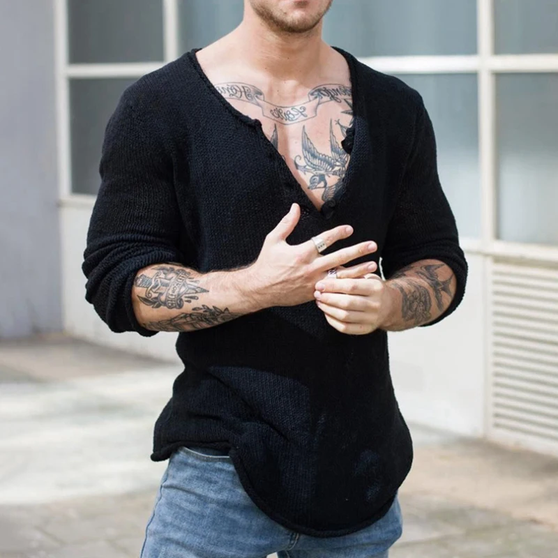 2023 Spring Long Sleeve V Neck Slim Casual Pullover Tops Men Vintage Solid Color Knitting T-shirts Mens Fashion Tees Streetwear