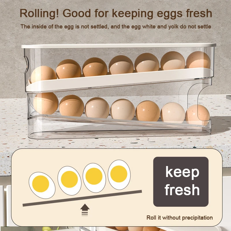 

Fridge Egg Holder for Space-saving, Automatic, Scrolling, Egg Rack, Storage, Large Capacity