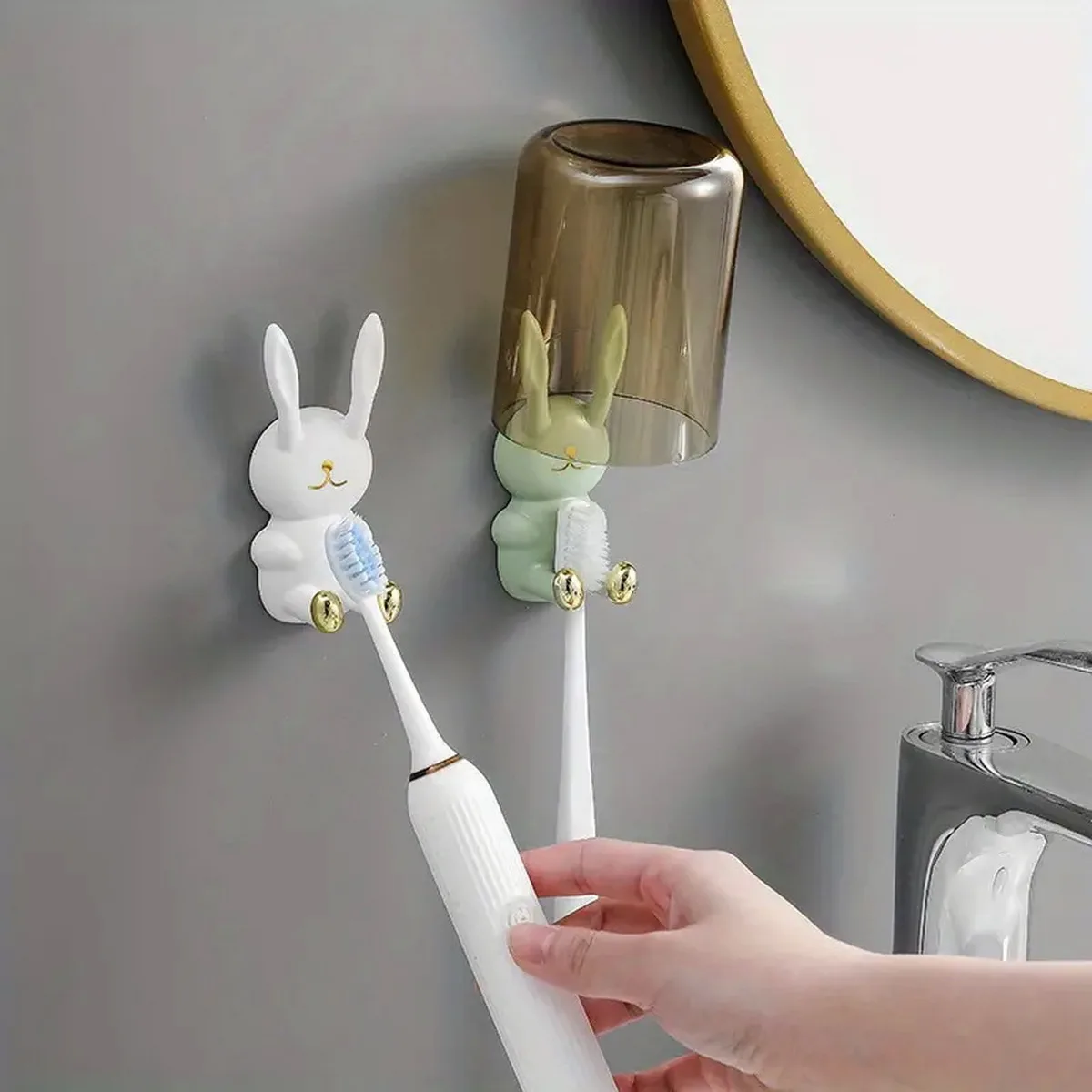 Cartoon Rabbit Toothbrush Holder Multi-Function Storage Rack Non-Punching Fun Bathroom Shelf with Plug Hook Organizer