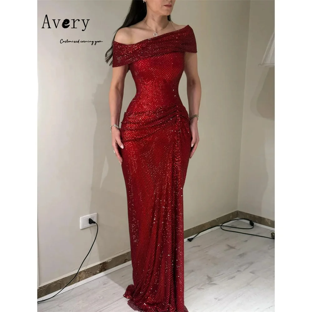 

Avery Customized Red Shiny Fishtail Off-shoulder Luxurious Evening Dresses Luxury 2025 Elegant Chic Woman Evening Dress Party