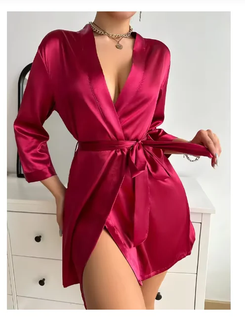 Pajamas women summer European and American ladies lace-up bathrobe sexy  morning gown home dress can wear ice silk robe - AliExpress