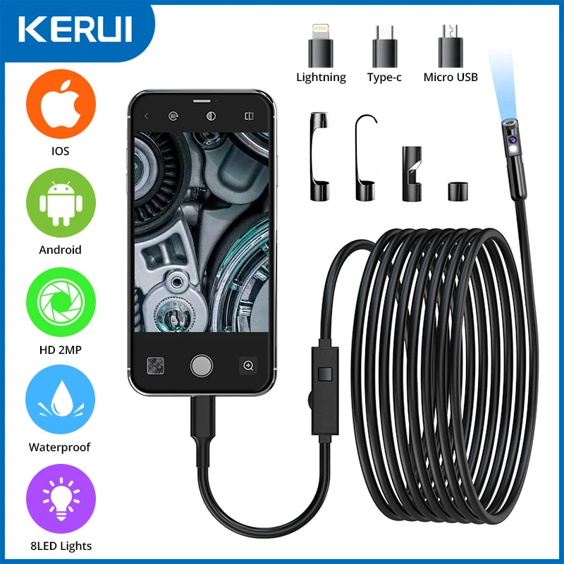 KERUI 2MP Endoscope Android Mini Inspection Camera  Single/Dual Lens for Iphone Waterproof Pipeline Borescope Type C IOS