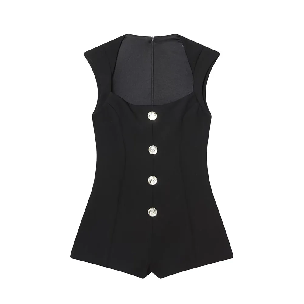 

DiYiG WOMAN 2025 winter new fashion jewelry button-type solid color sleeveless jumpsuit Joker square neck jumpsuit Mujer