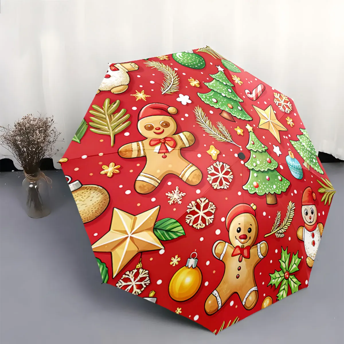Christmas Pattern Umbrella with Gingerbread Trees & Decorations portable waterproof sun rain umbrella for outdoor travel