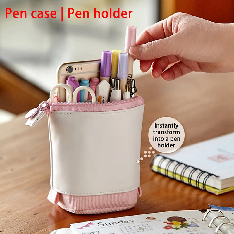Colorful Faux Leather Telescopic Pencil Bag, Retractable Pen Holder, Zipper Organizer for Office Supplies Christmas Gifts