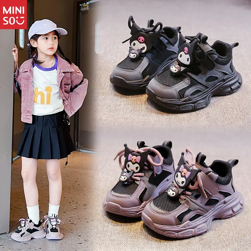 

Miniso 2025 Girls Kuromi Autumn Mesh Sneakers New, Breathable Lace-Up Dad Shoes Anti-Slip for Big Kids