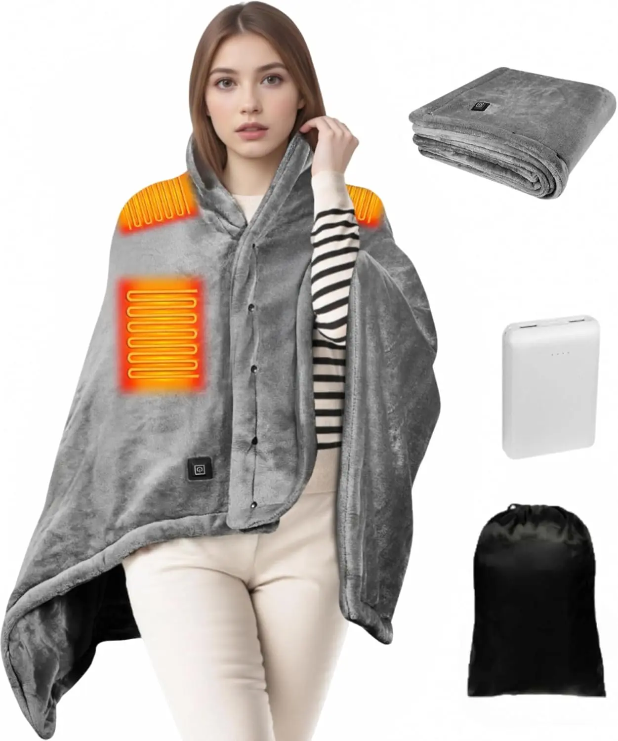 

Cordless Heated Blanket with 10000mAH Battery, 3 Heat Settings, Wearable Design for Home and Travel