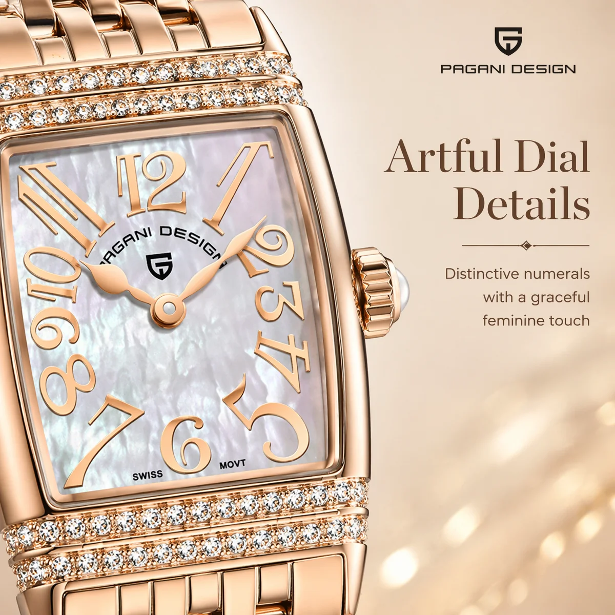 PAGANI DESIGN Women's Rose Gold Quartz Watch Swiss Movement Top Sapphire Stainless Steel Elegant Women's Dress Watch+Gift Box