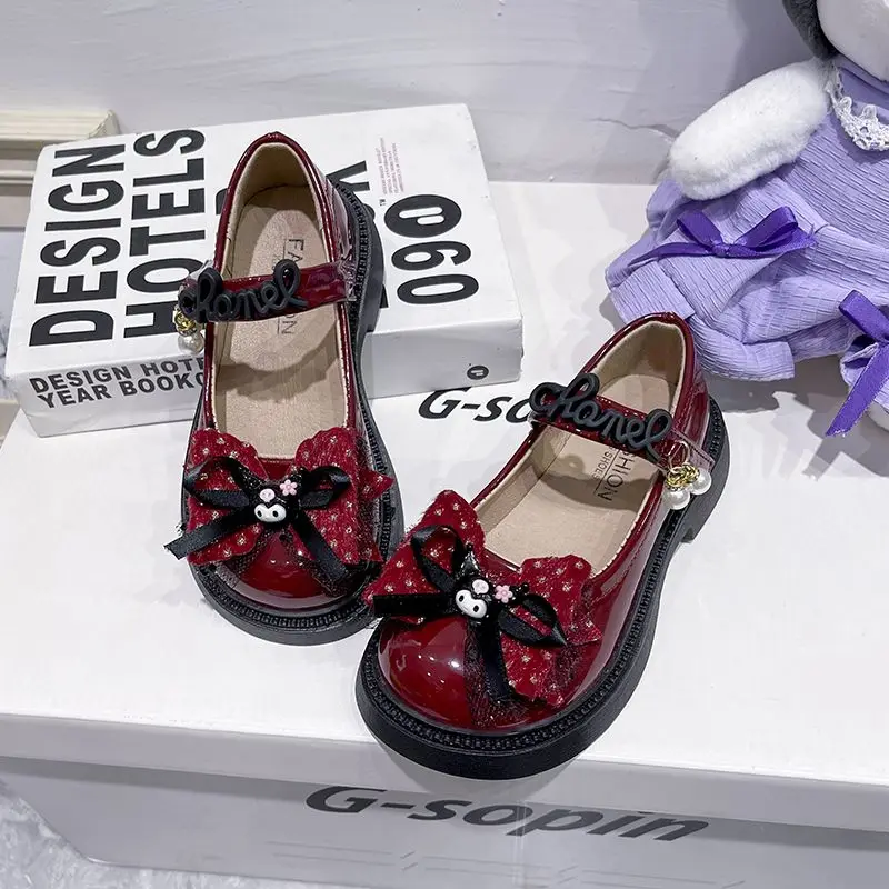 Kawaii Sanrio Girl Small Leather Shoes Spring Autumn All Match Cartoon Kuromi Fashion Soft Bottom Bow Mary Jen Princess Shoes