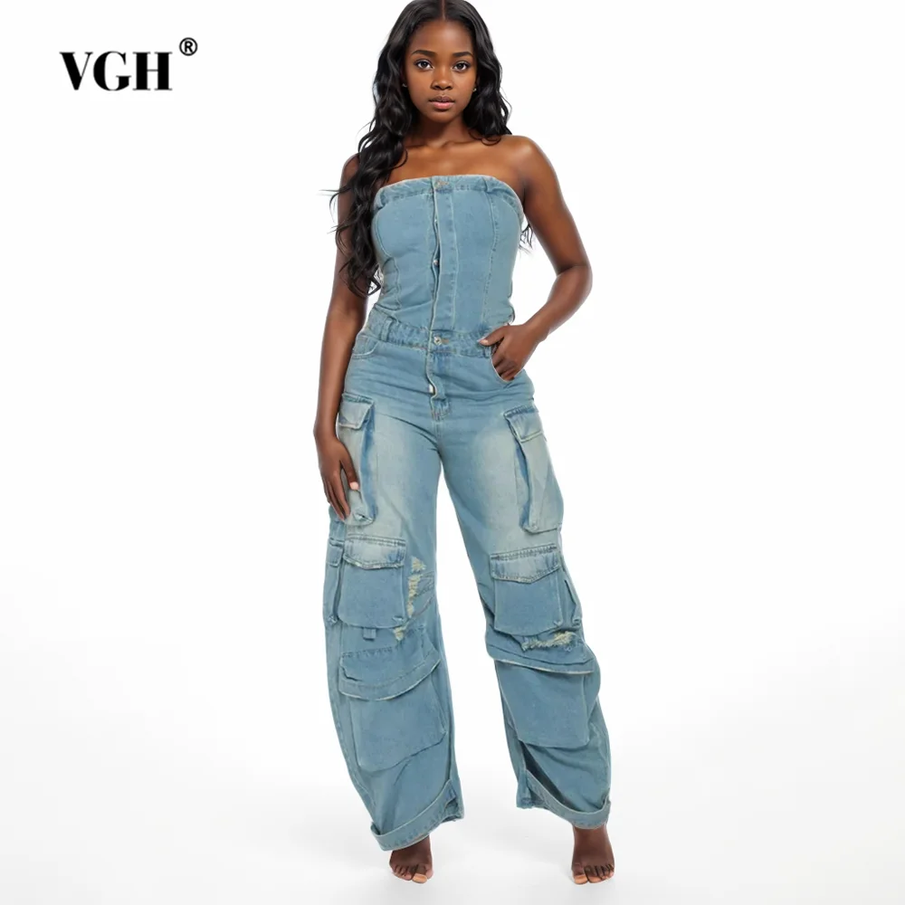 

VGH Solid Patchwork Botton Casual Jumpsuits For Women Strapless Sleeveless Backless High Waist Spliced Pockets Jumsuit Female