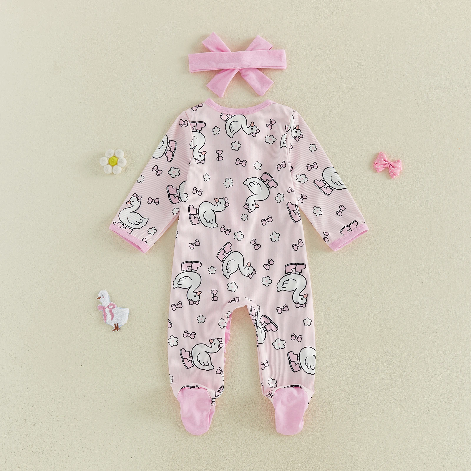 2 Pcs Infant Girl Fall Jumpsuits Outfit Long Sleeve Crew Neck Goose Floral Print Footed Romper With Headband Set
