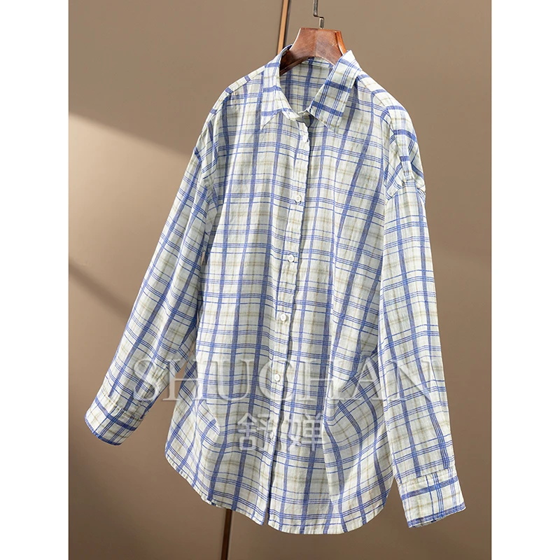 New Casual Fresh Literary Plaid Linen + Cotton Lapel Long-sleeved Shirt Women's 68C2  Blusas Mujer De Moda 2025 Verano
