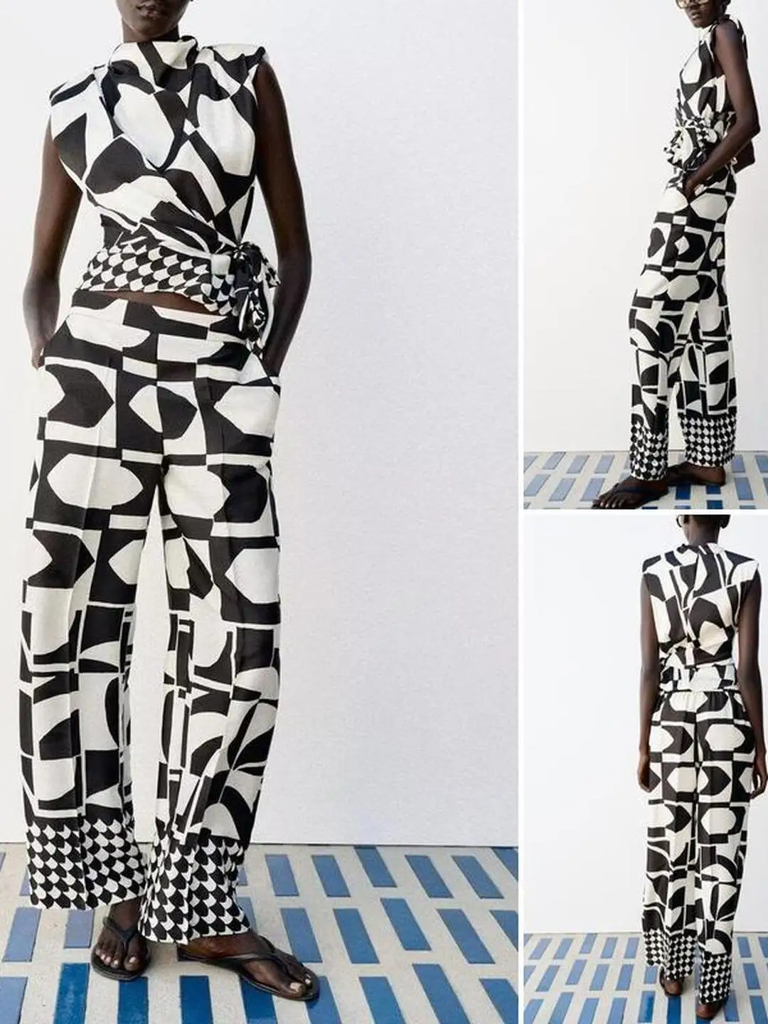 High Waist Straight Leg Pants Geometric Print Shoulder Padded Summer Fashion Women's Casual Trousers Polyester Fiber