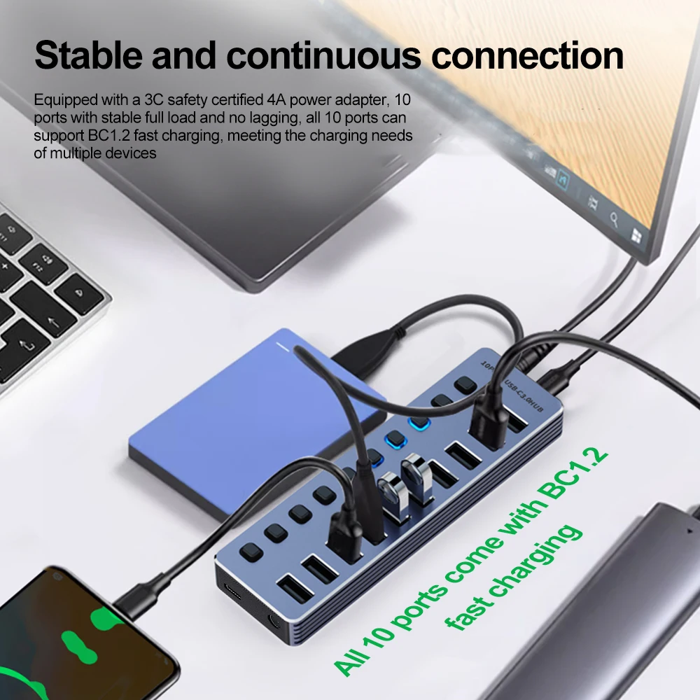 10 منافذ USB3.0 HUB مع محطة إرساء USB مفتاح مستقل نوع C الفاصل جميع USB3.0 5Gbps محور عالي السرعة لأجهزة الكمبيوتر المحمول ماك بوك