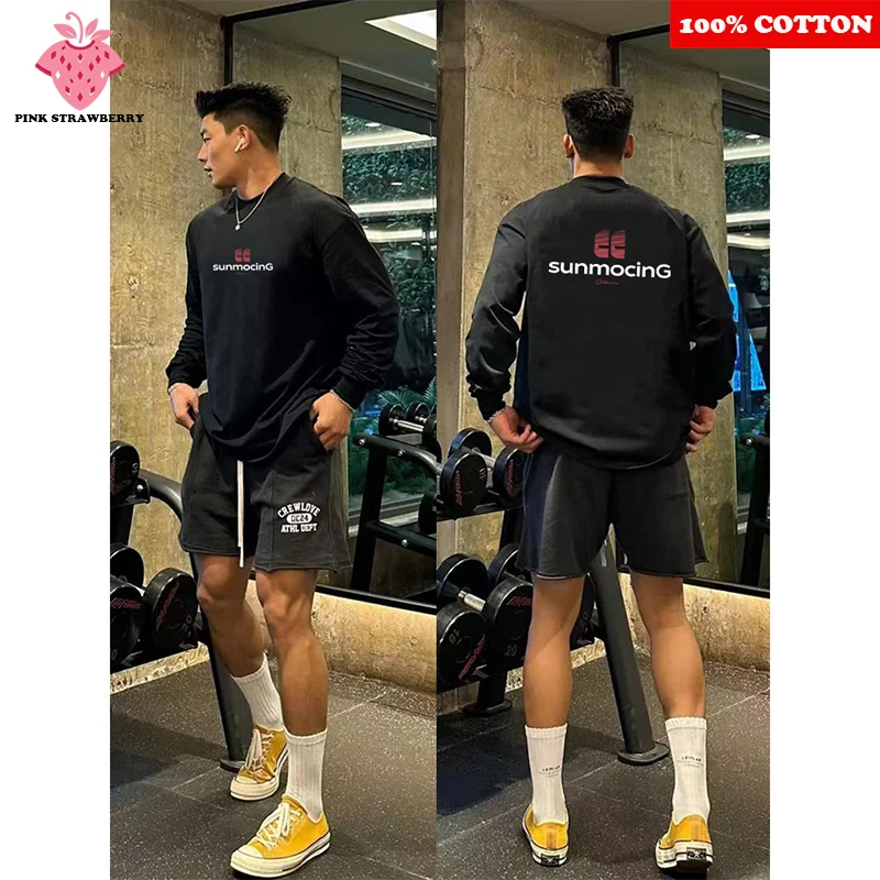 

American Letter Print T-shirt Men Autumn 2025 New 100%Cotton Black O-Neck Long sleeves T-shirt Loose Casual Y2k Top Men clothing