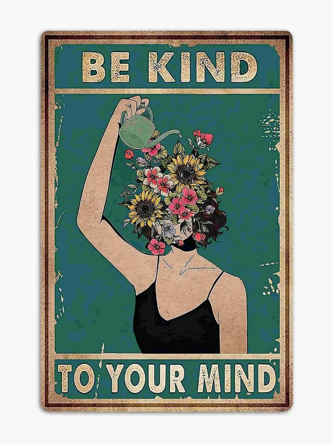 Vintage Metal Tin Sign Be Kind to Your Mind Green Boho Room Aesthetic Decoration Land Lady Gift Floral Woman Gift for Plant Love