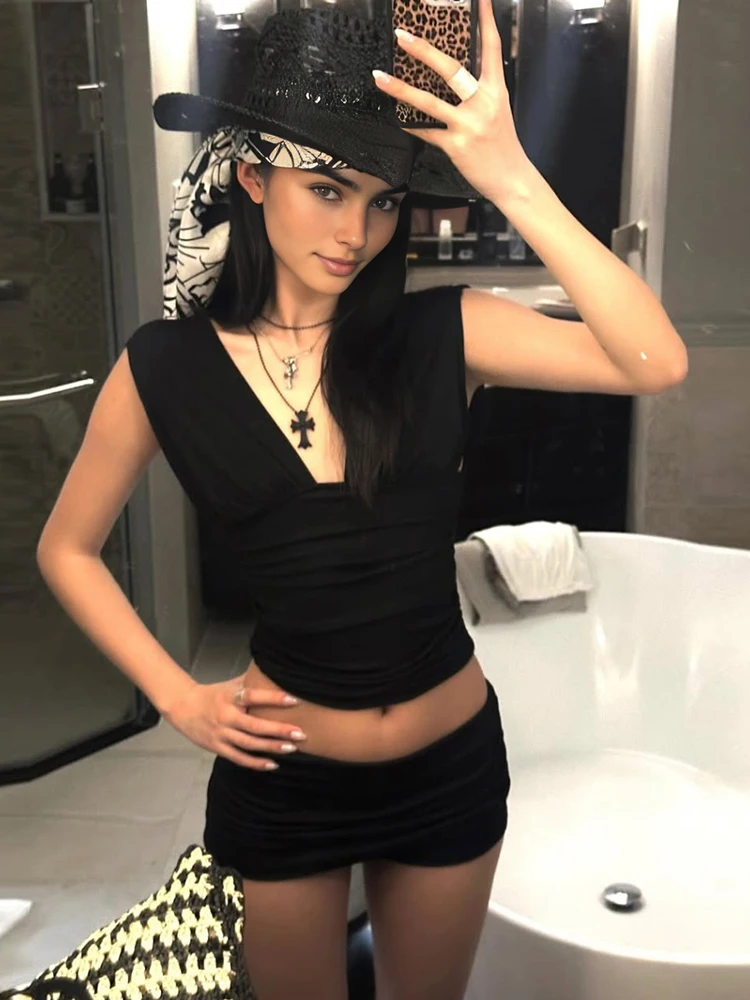 Cutenew Shirring Collo basso Donna Top Estate Solido Semplice Francese Body-shaping Backless Tees Mujer Wild Classic Street T-shirt