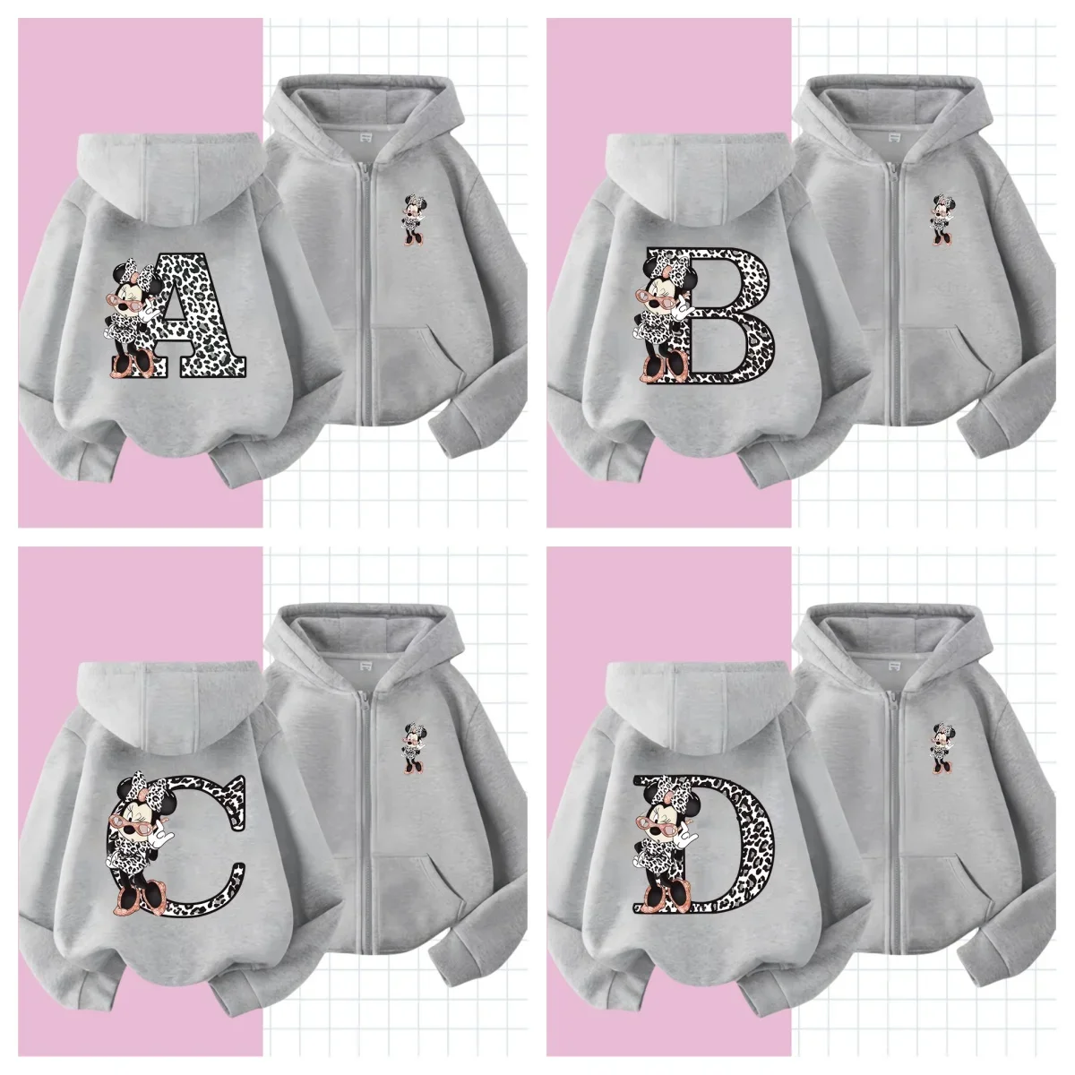 

Children zipper hoodie Disney Minnie Letter A B C Crew Neck Hoodie Kid Casual Clothes Little Baby Cartoons Boy Girl Sweatshirts