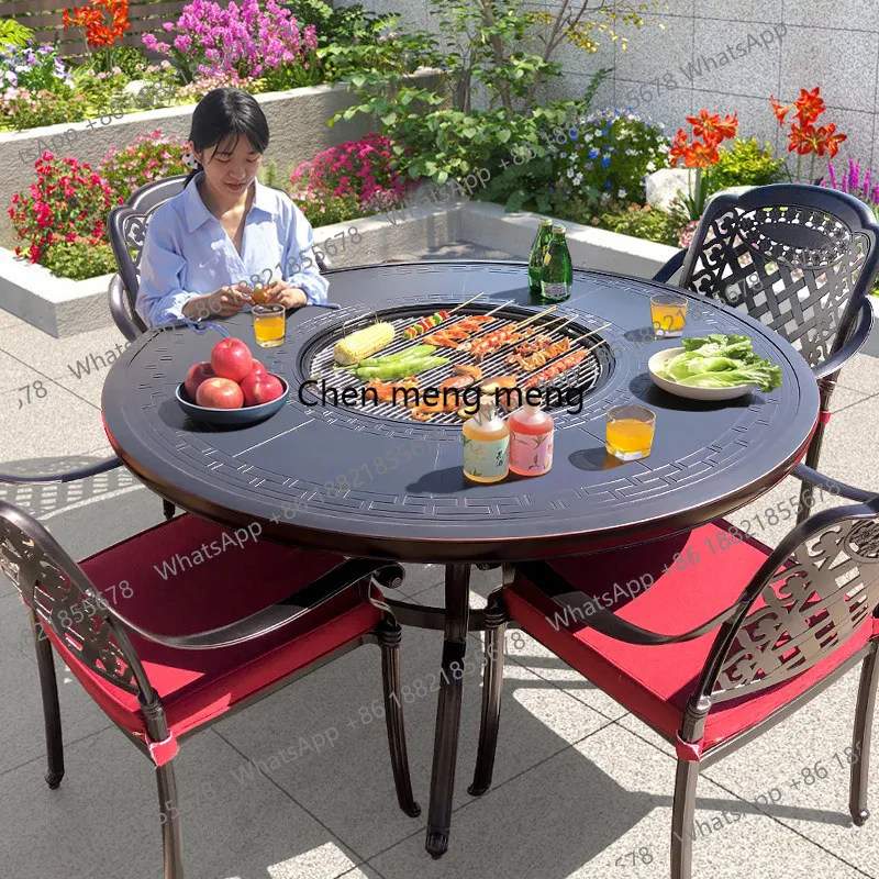 

Outdoor barbecue table and chairs electric oven, courtyard combination terrace garden European wrought iron home outdoor