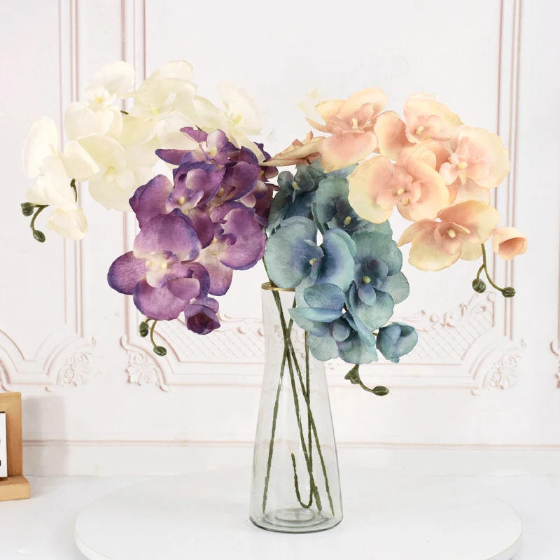 8 رؤساء كبير الحرير زهرة اصطناعية فرع السحلية فالاينوبسيس الأسود بورجوندي ديكور منزلي للزفاف الزهور بوعاء السحلية بالجملة