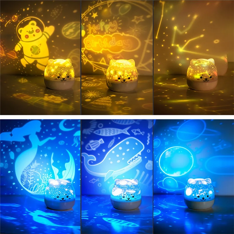 Abzv-crianças música projetor lâmpada bonito urso led noite lâmpada estrelado usb recarregável girar luz para crianças quarto para crianças bedsi