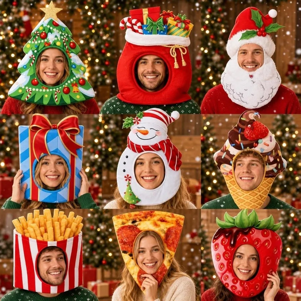 Creative Shaped Christmas Funny Hat Dress Up Printed Xmas Costume Headcover Lucky Bag Xmas Cap Christmas Decoration Role Paly