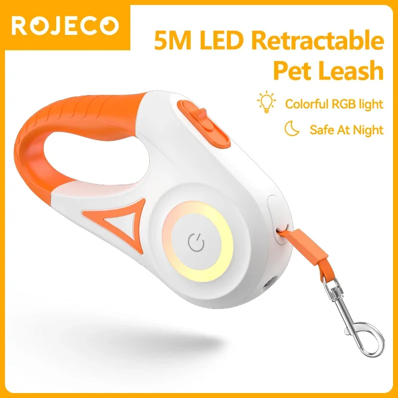 

ROJECO 5M Automatic Dog Leash Retractable LED Luminous Leading Fashion Light Straps For Dog Puppy Pet Flexi Walking Running Lead