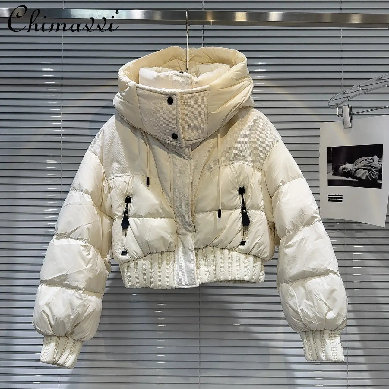 2024 Winter New Cool Girl Fashion Waist Fishbone Short Hooded Down Jacket Women's Loose Long-sleeved Warm Elegant Jacket Coat