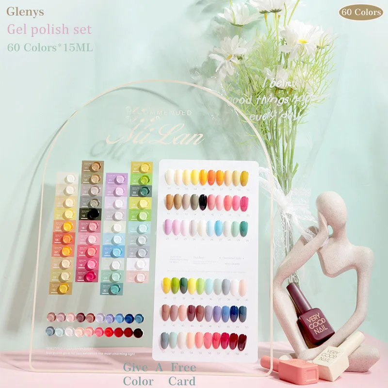 Glenys 60 Color Rainbow nail polish Tape Color Card New Semi Permanent Soak UV LED Nail Art Varnish Set Wholesale 15ml